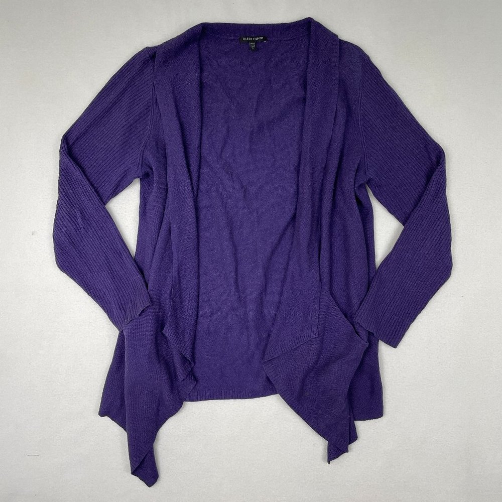 Eileen Fisher Linen Drape Open Cardigan L Purple